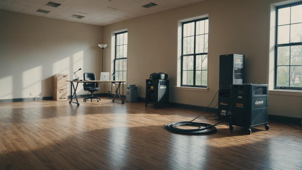 Flooded residential living room with standing water covering the floor, featuring sofas and wooden cabinetโillustrating the need for mold remediation after water damage